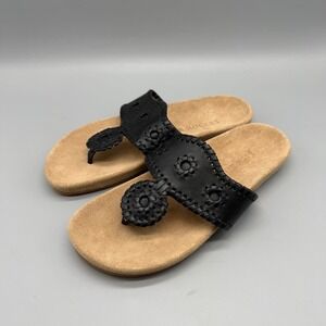 Jack Rogers Jacks Flat Sandals Black Leather Whipstitch Rondelle Womens 6.5M